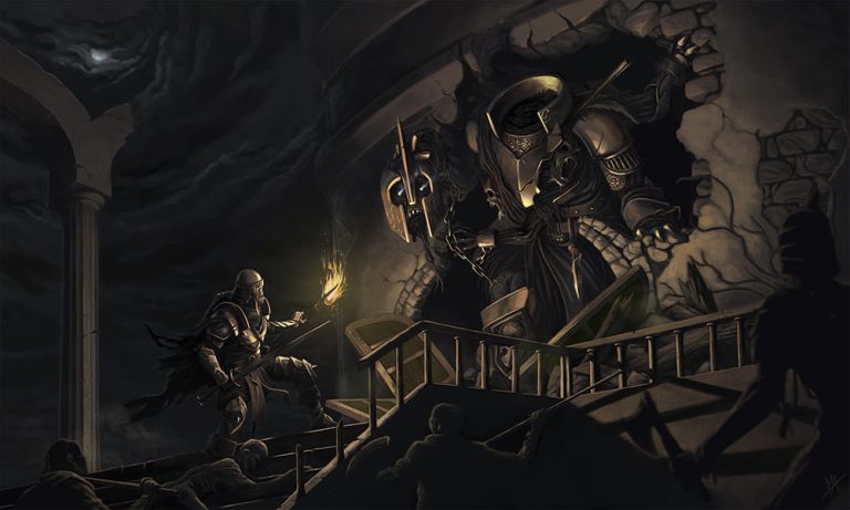 entité démoniaque contre un guerrier devant une obscure citadelle.