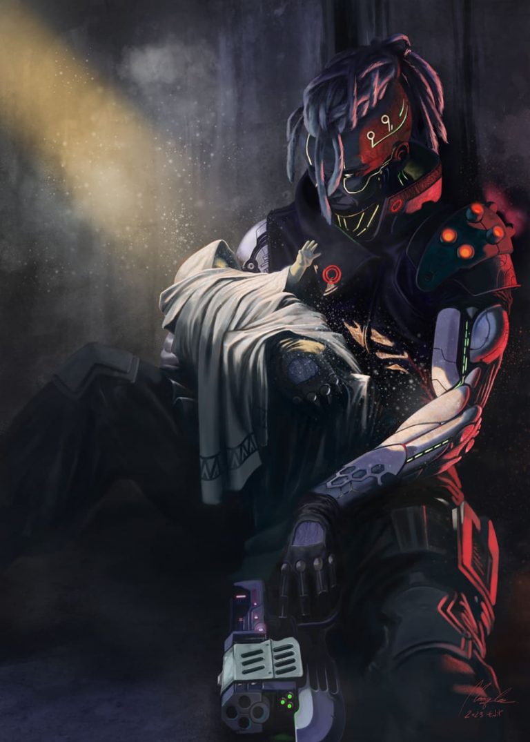 un héro cyberpunk ayant sauvé un nouveau-né