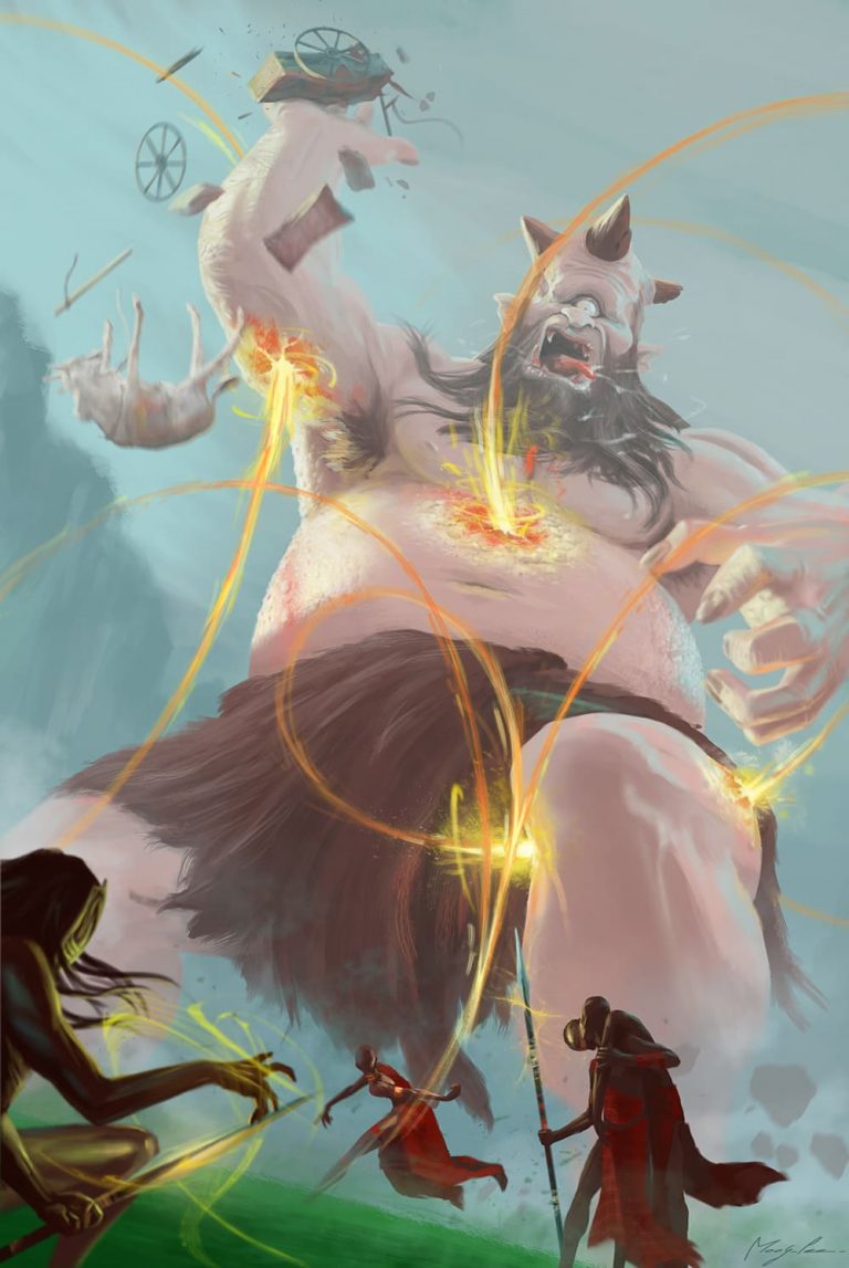 les chasseurs-sorciers de Nqobizitha s'attaquant à un puissant cyclope