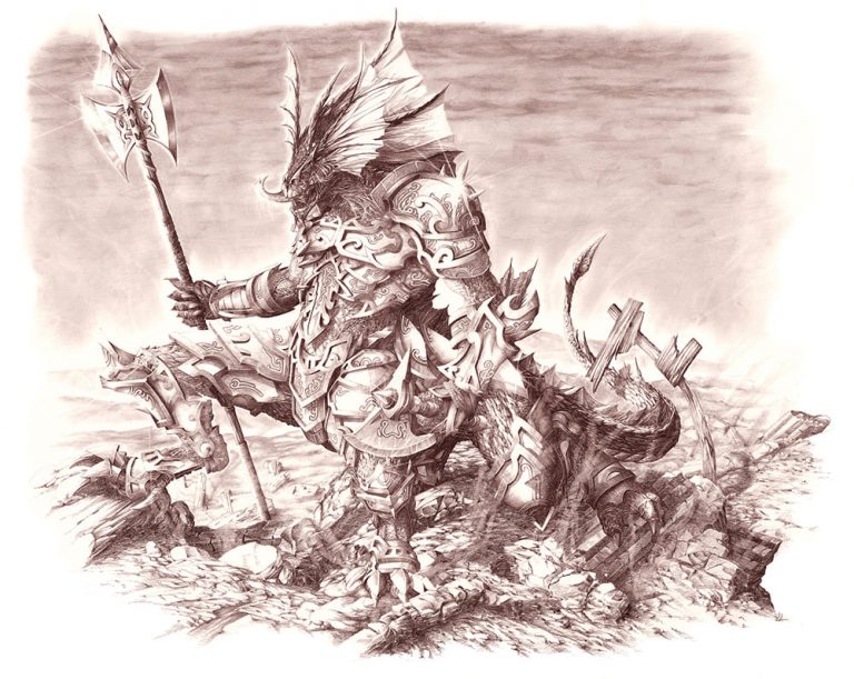 Général draconien armé de sa hallebarde dans un paysage dévasté.