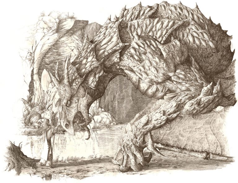 illustration traditionnelle au crayon. rencontre entre un vieux magicien et un dragon.