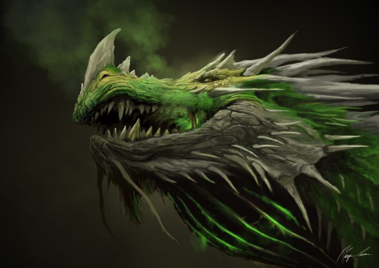 tête de dragon vert avec fumée toxique sortant de la gueule