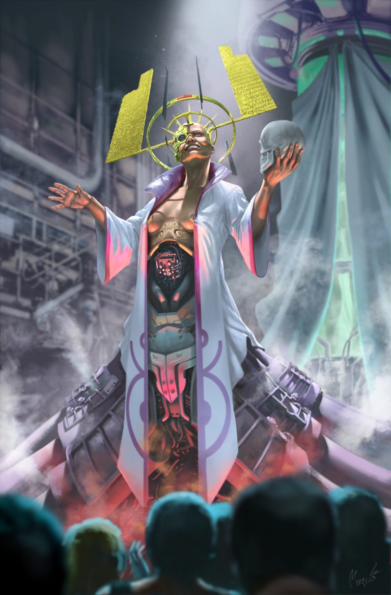 scientifique fou, tenant un crane humain dans la main. univers cyberpunk