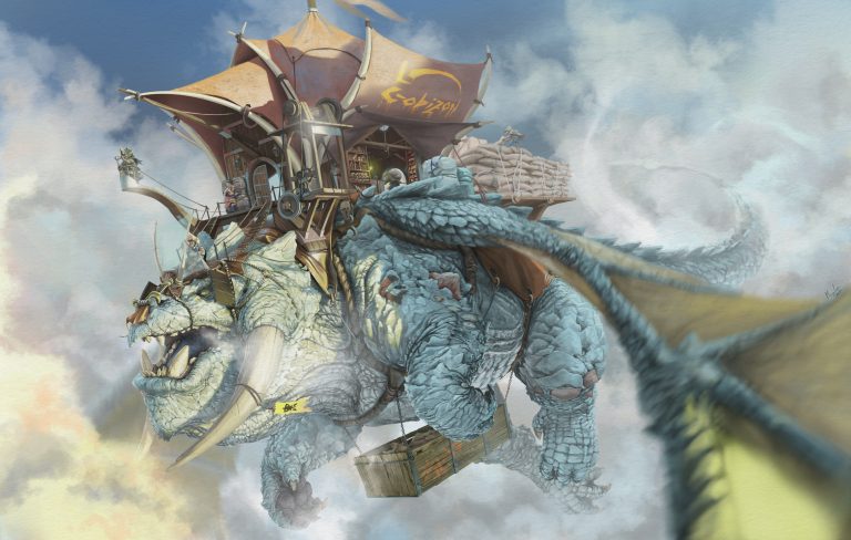 Dragon in the sky with a sorting center on his back. it's a dragon postal service