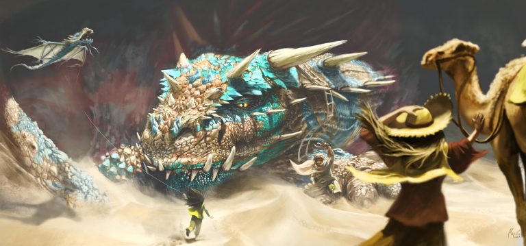 Dragon paisible se reposant auprès de son maitre après la chasse. La famille de ce dernier le rejoins.